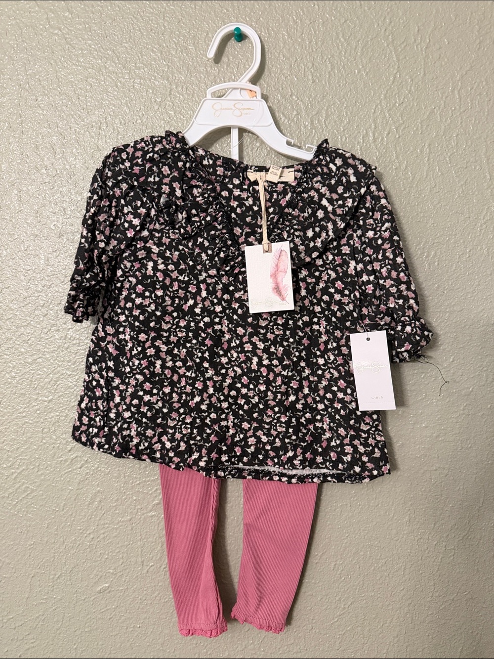 Jessica Simpson Black Floral Top with Pink Leggings